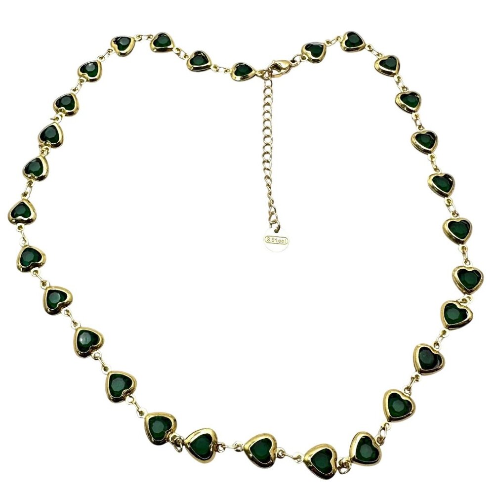 Womens Green Crystal Heart Gold Plated Choker Necklace 16 to 18 Inch New
